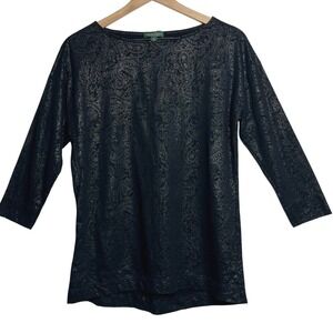 Lauren‎ Ralph Lauren Black Paisley Shimmer Cotton Top 3/4 Sleeve Boat Neck M